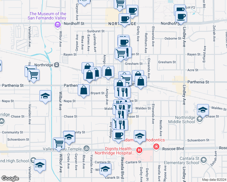 map of restaurants, bars, coffee shops, grocery stores, and more near 18535 Bryant Street in Los Angeles