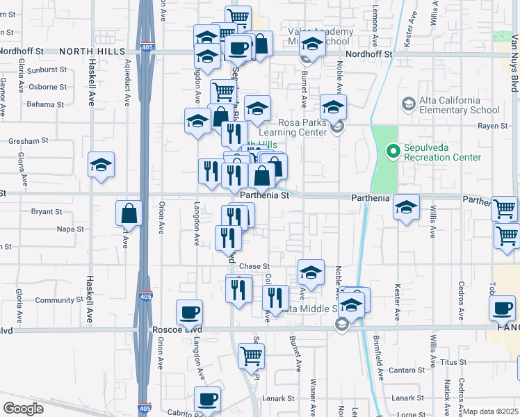map of restaurants, bars, coffee shops, grocery stores, and more near 8615 Columbus Avenue in Los Angeles