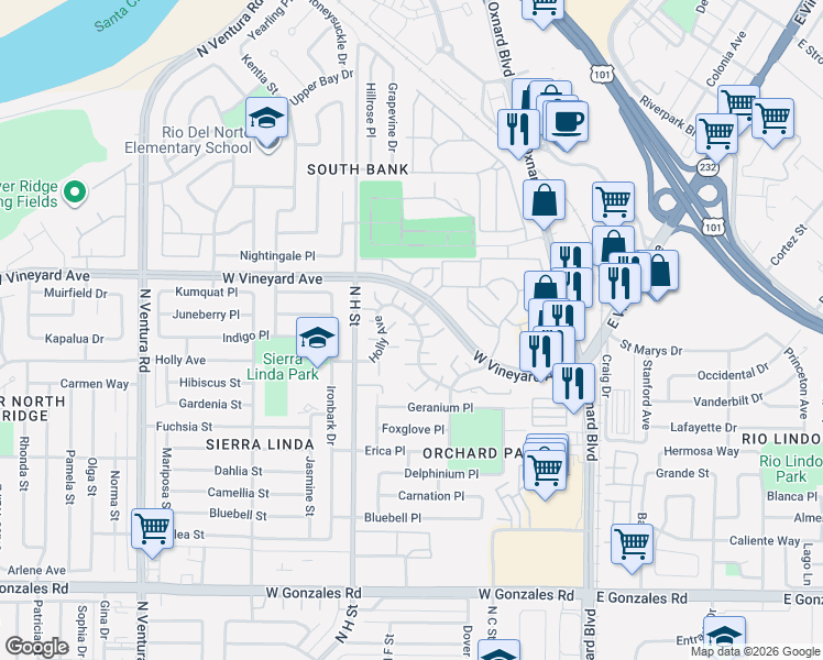 map of restaurants, bars, coffee shops, grocery stores, and more near 564 Holly Avenue in Oxnard