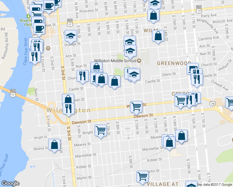 map of restaurants, bars, coffee shops, grocery stores, and more near 720 Queen Street in Wilmington