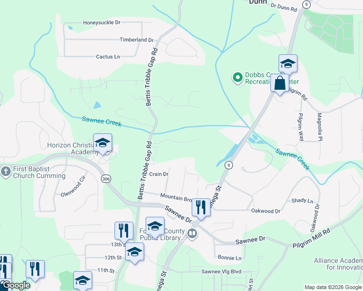 map of restaurants, bars, coffee shops, grocery stores, and more near 1520 Parkside Village Drive in Cumming