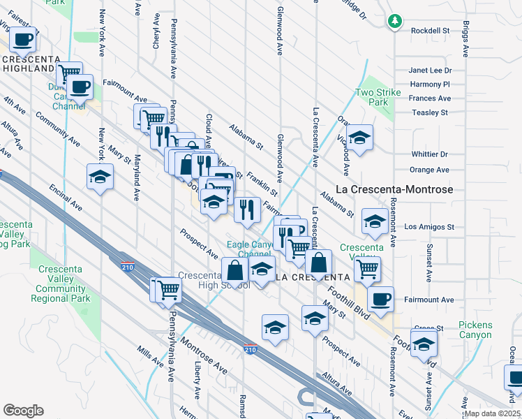 map of restaurants, bars, coffee shops, grocery stores, and more near in La Crescenta-Montrose