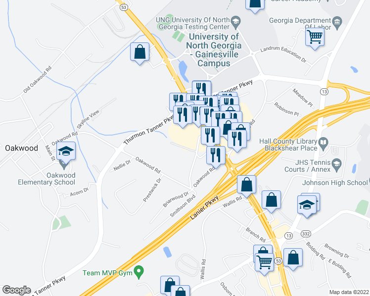 map of restaurants, bars, coffee shops, grocery stores, and more near 608 Lanier Mill Circle in Oakwood