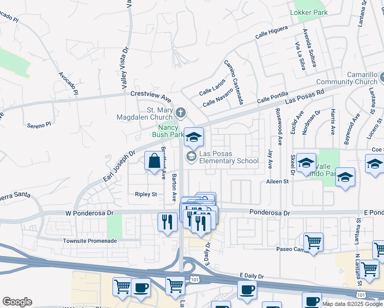 map of restaurants, bars, coffee shops, grocery stores, and more near 75 East Calle La Guerra in Camarillo