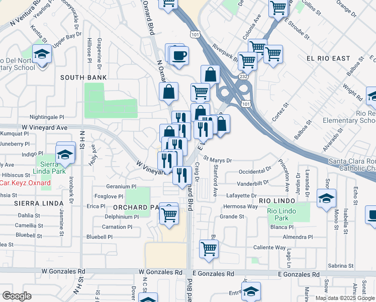 map of restaurants, bars, coffee shops, grocery stores, and more near 2303 East Vineyard Avenue in Oxnard