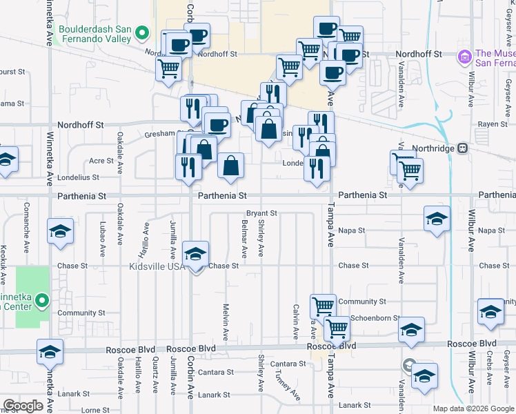 map of restaurants, bars, coffee shops, grocery stores, and more near 8659 Shirley Avenue in Los Angeles