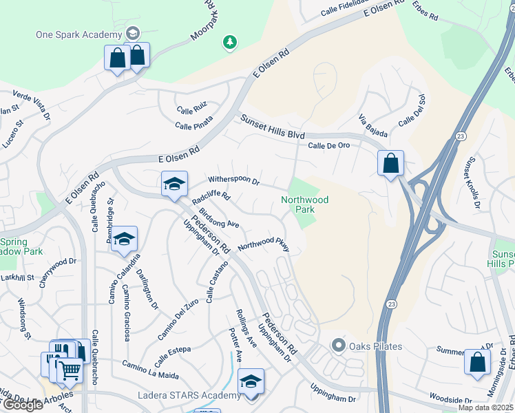 map of restaurants, bars, coffee shops, grocery stores, and more near 3584 Radcliffe Road in Thousand Oaks