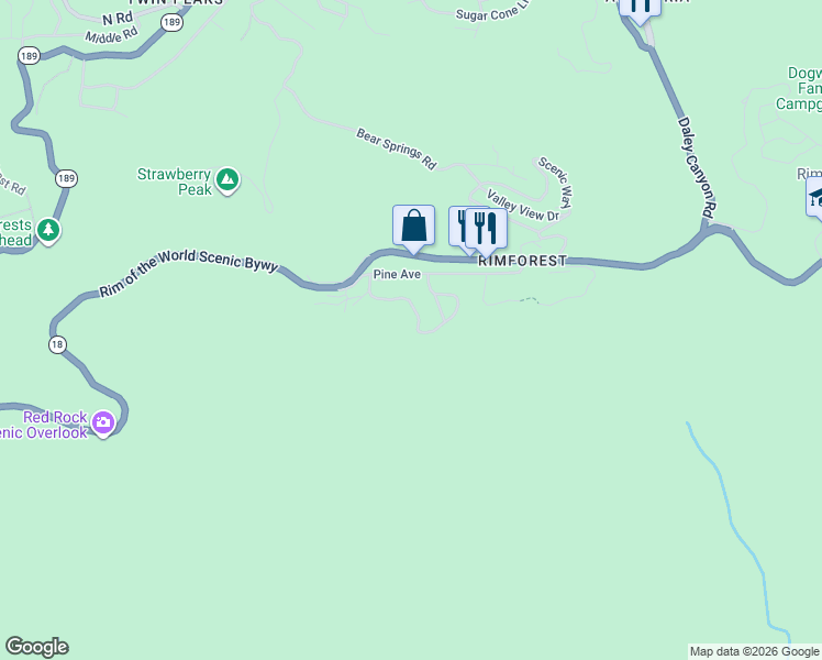 map of restaurants, bars, coffee shops, grocery stores, and more near 26419 Apache Trail in Lake Arrowhead