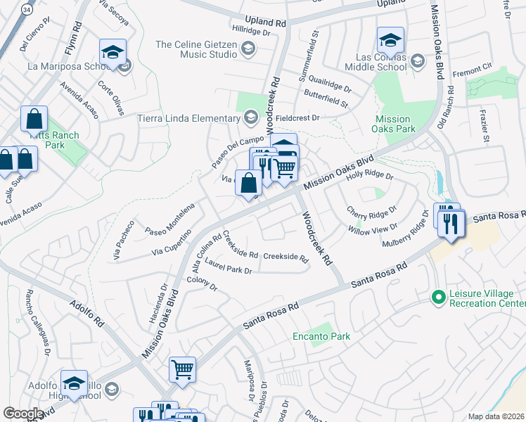 map of restaurants, bars, coffee shops, grocery stores, and more near 5227 Paseo Ricoso in Camarillo