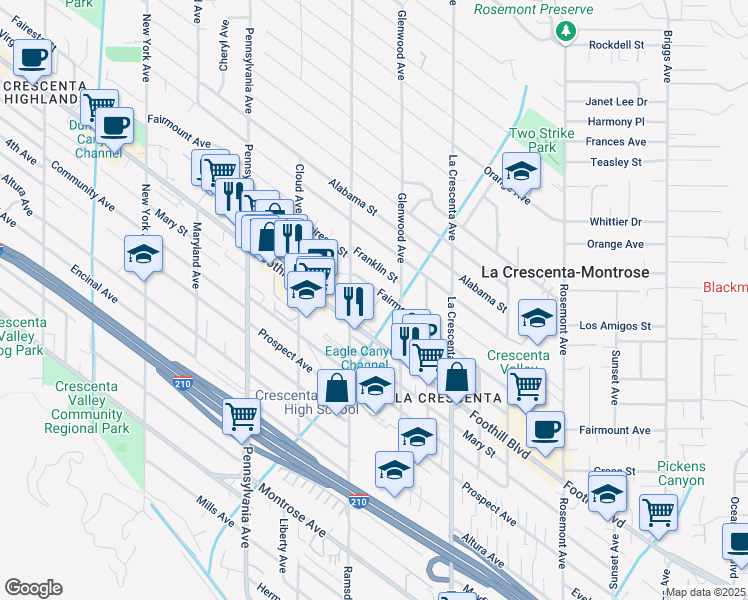 map of restaurants, bars, coffee shops, grocery stores, and more near in La Crescenta-Montrose