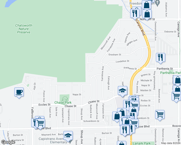 map of restaurants, bars, coffee shops, grocery stores, and more near 8629 Delmonico Avenue in Los Angeles