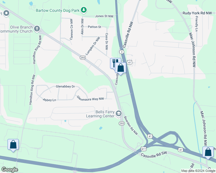 map of restaurants, bars, coffee shops, grocery stores, and more near 21 Rosebury Court in Cartersville