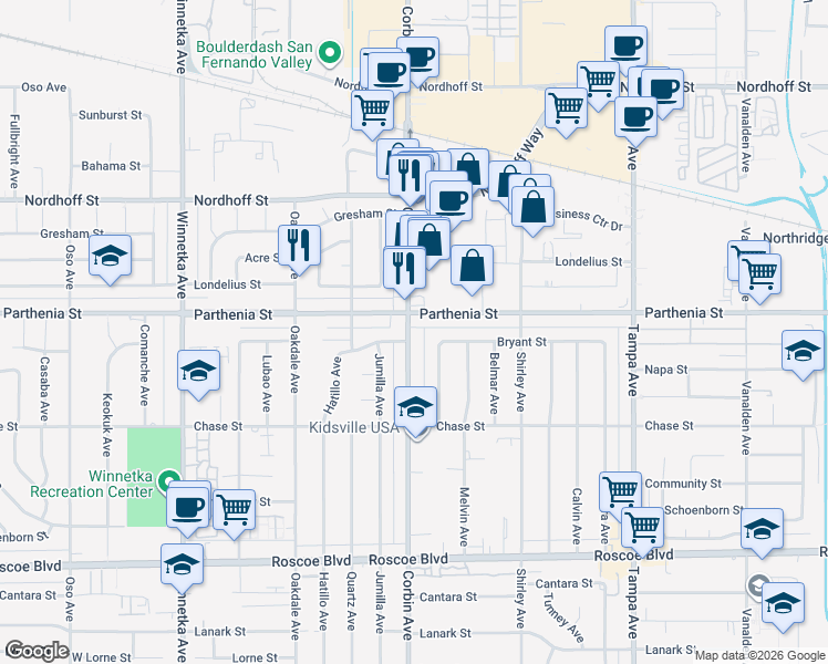 map of restaurants, bars, coffee shops, grocery stores, and more near 8648 Corbin Avenue in Los Angeles