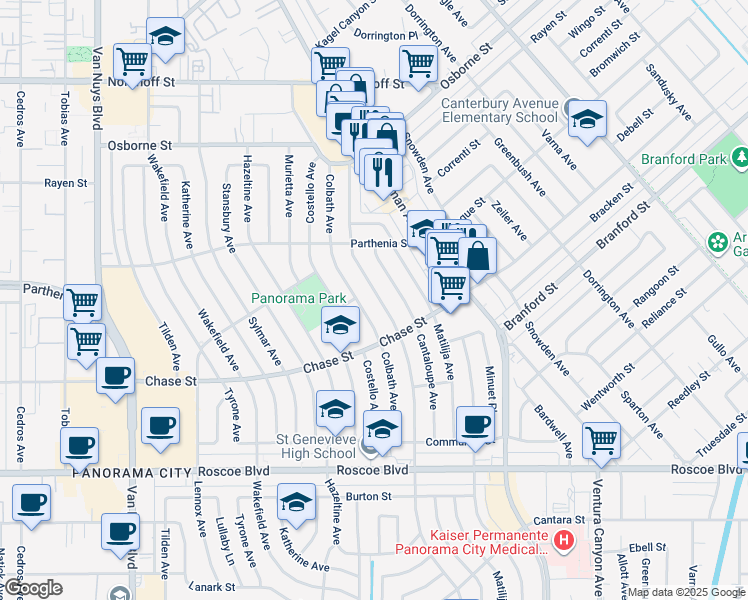 map of restaurants, bars, coffee shops, grocery stores, and more near 8651 Ranchito Avenue in Los Angeles