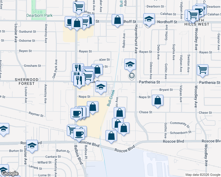 map of restaurants, bars, coffee shops, grocery stores, and more near 8640 Petit Avenue in Los Angeles