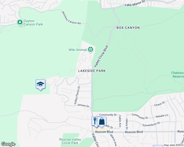 map of restaurants, bars, coffee shops, grocery stores, and more near 8657 Valley Circle Boulevard in Los Angeles
