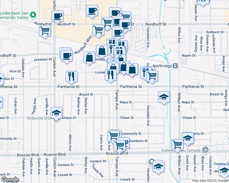 map of restaurants, bars, coffee shops, grocery stores, and more near 8615 Tampa Avenue in Los Angeles