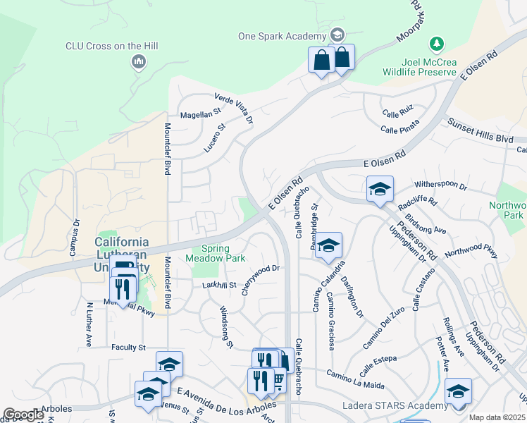 map of restaurants, bars, coffee shops, grocery stores, and more near N Moorpark Rd & E Olsen Rd in Thousand Oaks