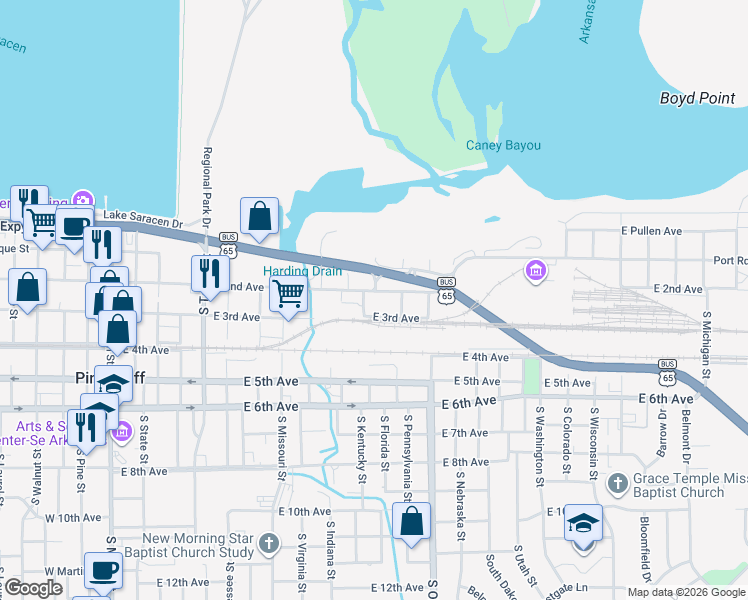 map of restaurants, bars, coffee shops, grocery stores, and more near 1107 East 3rd Avenue in Pine Bluff