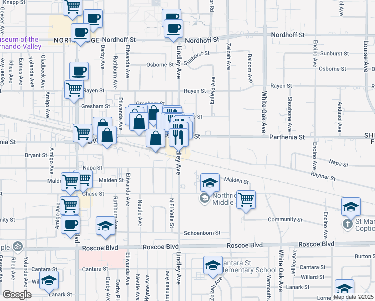 map of restaurants, bars, coffee shops, grocery stores, and more near 18044 Raymer Street in Los Angeles