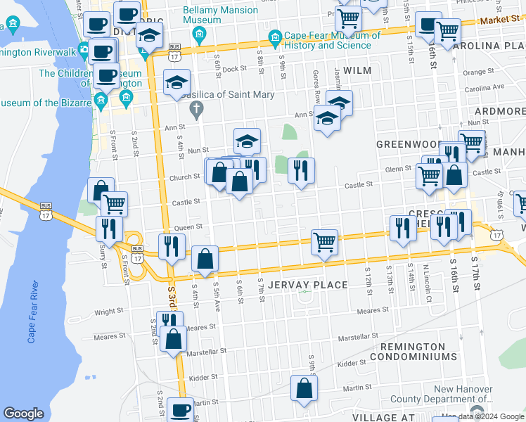 map of restaurants, bars, coffee shops, grocery stores, and more near 615 Fullwood Street in Wilmington