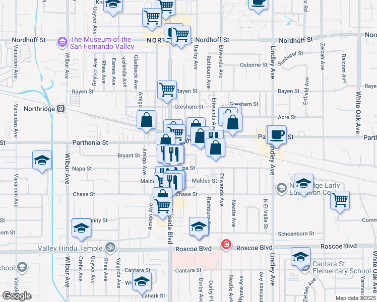 map of restaurants, bars, coffee shops, grocery stores, and more near 18426 Bryant Street in Los Angeles
