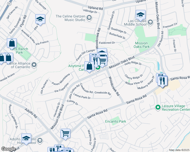 map of restaurants, bars, coffee shops, grocery stores, and more near 5235 Paseo Ricoso in Camarillo