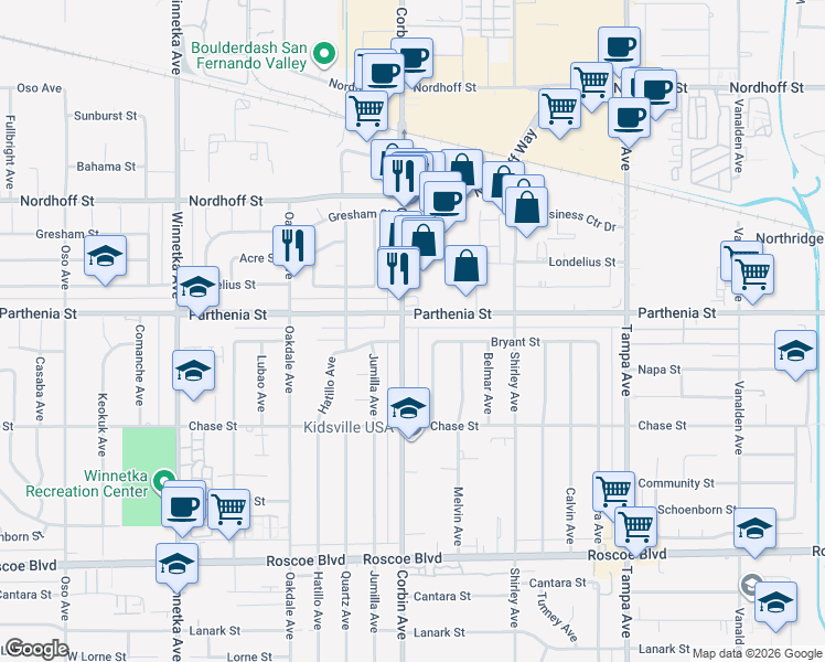 map of restaurants, bars, coffee shops, grocery stores, and more near 8648 Corbin Avenue in Los Angeles