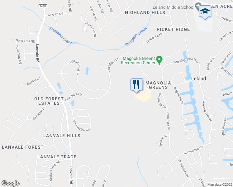 map of restaurants, bars, coffee shops, grocery stores, and more near 1008 Rosea Court in Leland