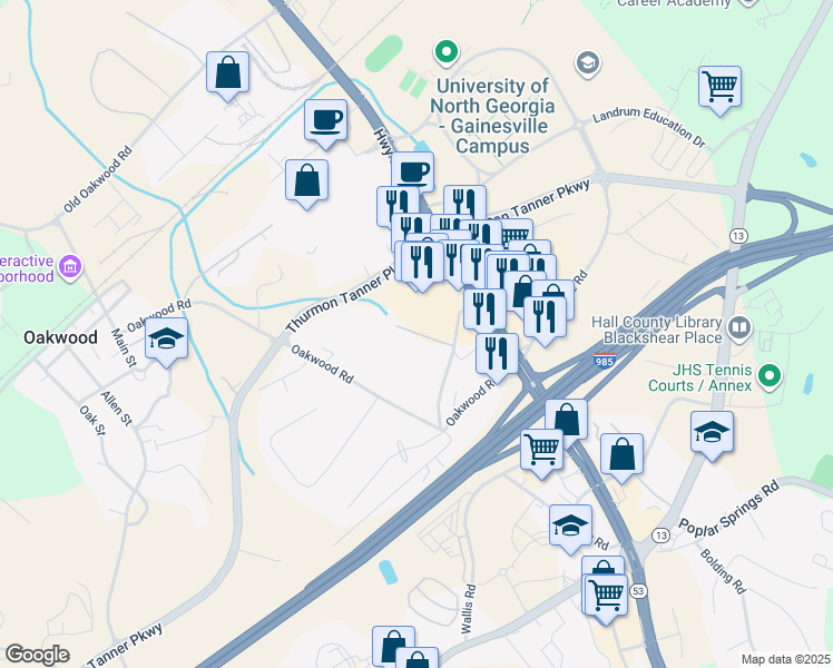 map of restaurants, bars, coffee shops, grocery stores, and more near 805 Lanier Mill Circle in Oakwood