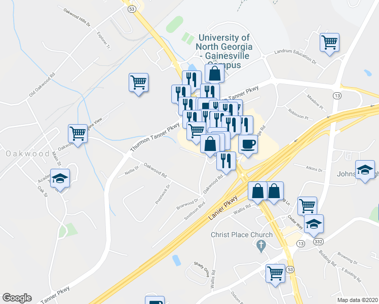 map of restaurants, bars, coffee shops, grocery stores, and more near 807 Lanier Mill Circle in Oakwood