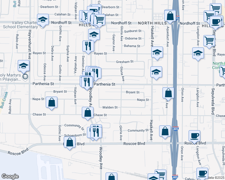 map of restaurants, bars, coffee shops, grocery stores, and more near 16037 Bryant Street in Los Angeles
