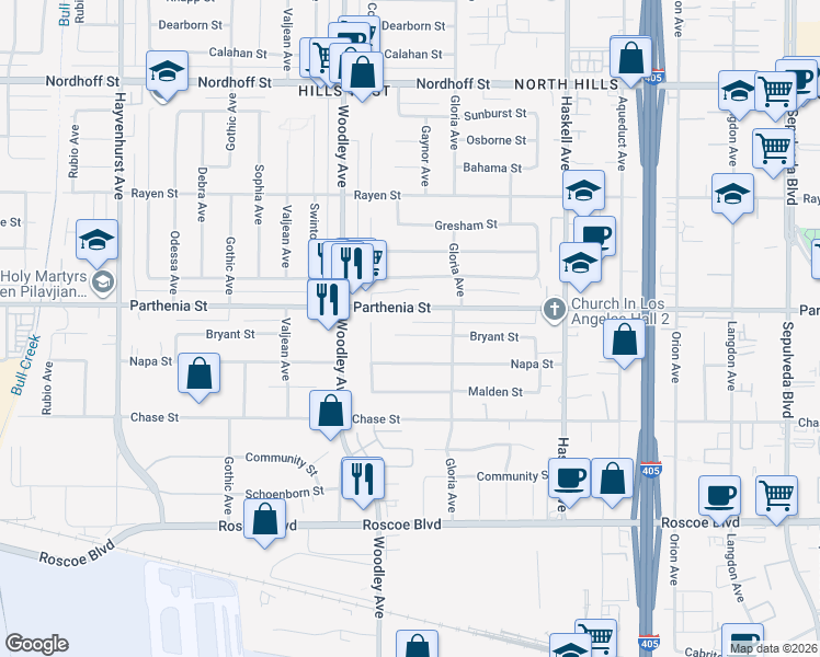 map of restaurants, bars, coffee shops, grocery stores, and more near 16029 Napa Street in Los Angeles