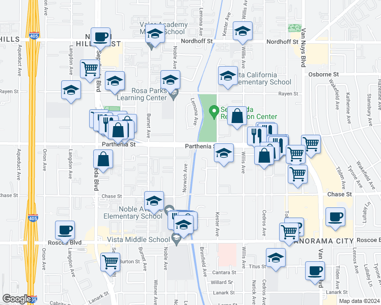map of restaurants, bars, coffee shops, grocery stores, and more near 15012 Parthenia Street in North Hills