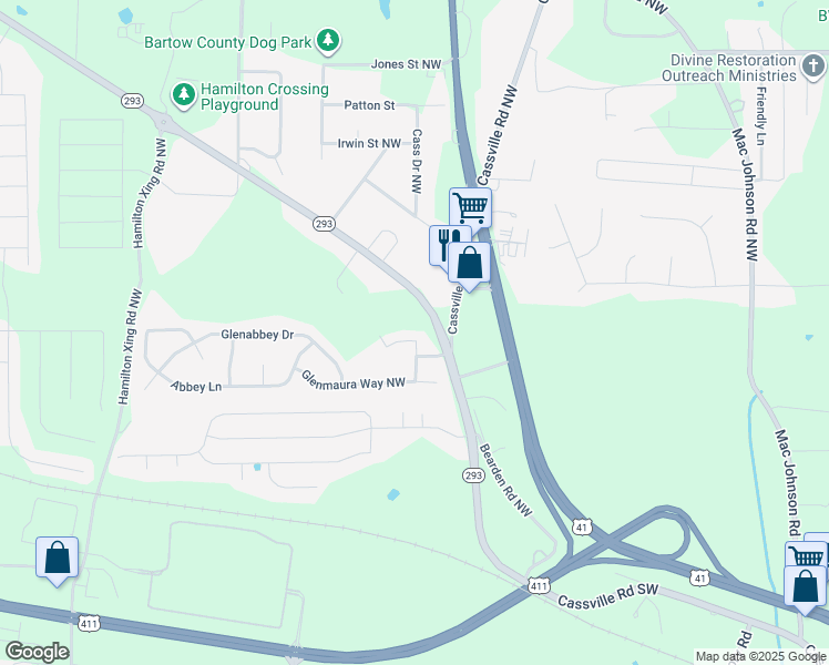 map of restaurants, bars, coffee shops, grocery stores, and more near 19 Rosebury Court in Cartersville