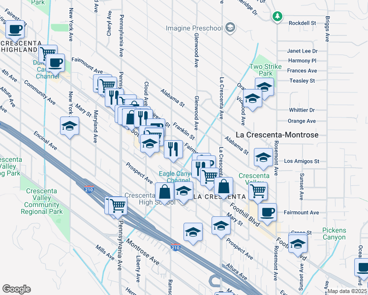 map of restaurants, bars, coffee shops, grocery stores, and more near 2943 Foothill Boulevard in La Crescenta-Montrose