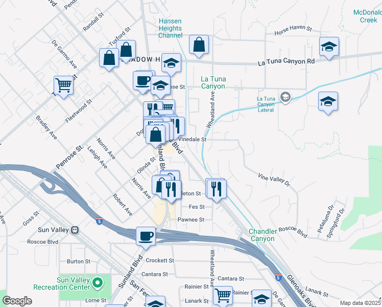 map of restaurants, bars, coffee shops, grocery stores, and more near 8600 Glenoaks Boulevard in Los Angeles