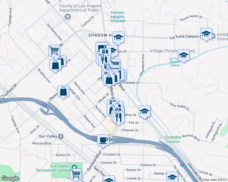 map of restaurants, bars, coffee shops, grocery stores, and more near 8649 Sunland Boulevard in Los Angeles