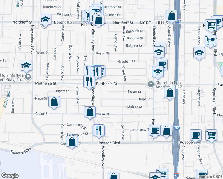 map of restaurants, bars, coffee shops, grocery stores, and more near 16029 Napa Street in Los Angeles