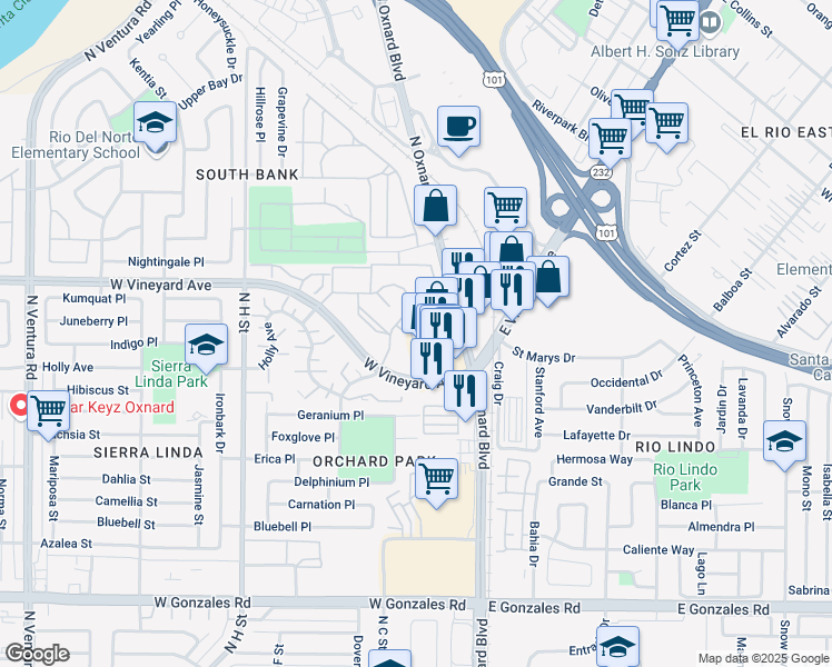 map of restaurants, bars, coffee shops, grocery stores, and more near 201 West Vineyard Avenue in Oxnard