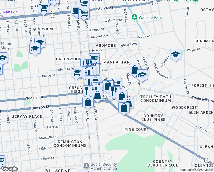 map of restaurants, bars, coffee shops, grocery stores, and more near 1901 Wooster Street in Wilmington