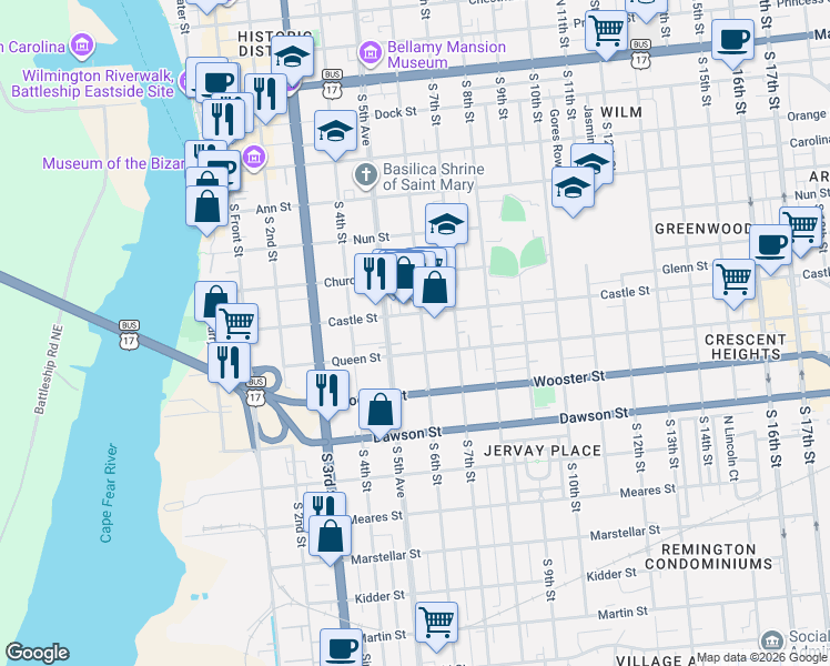 map of restaurants, bars, coffee shops, grocery stores, and more near 508 Queen Street in Wilmington