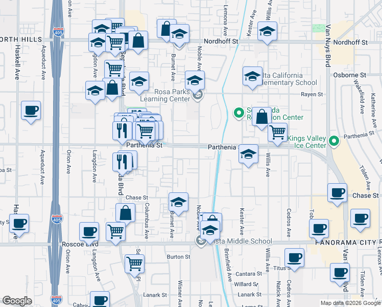 map of restaurants, bars, coffee shops, grocery stores, and more near 8621 Noble Avenue in Los Angeles