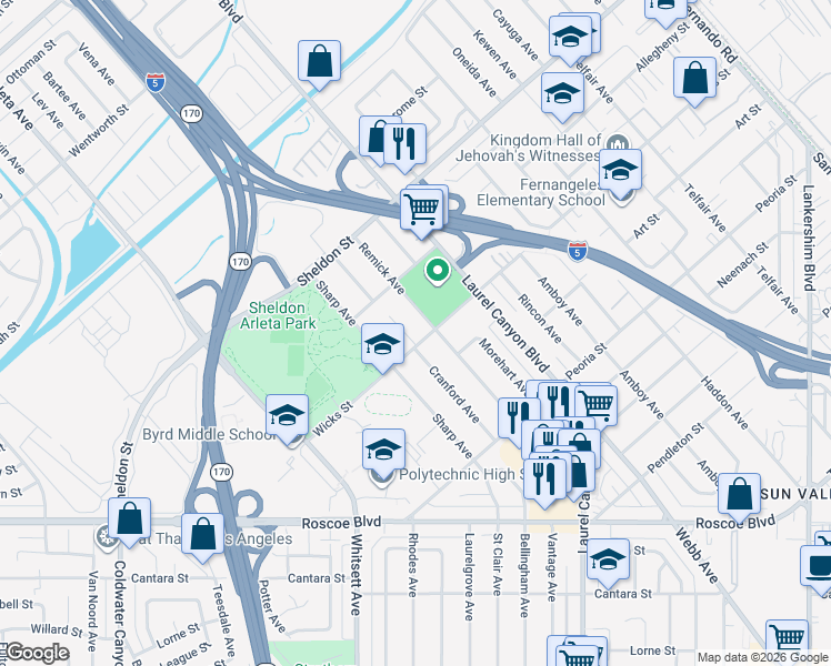 map of restaurants, bars, coffee shops, grocery stores, and more near 8688 Cranford Avenue in Los Angeles