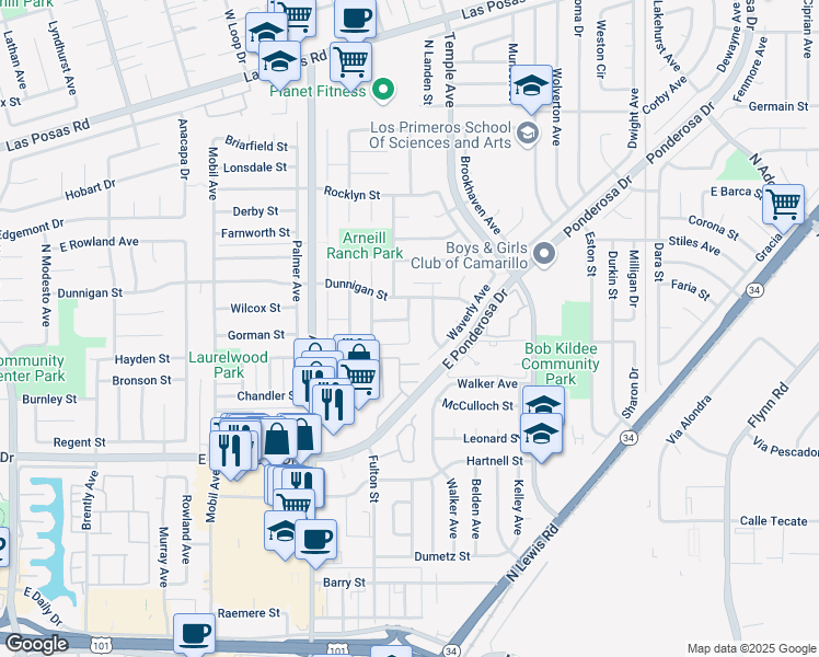 map of restaurants, bars, coffee shops, grocery stores, and more near 1040 Bollin Avenue in Camarillo