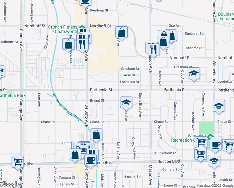 map of restaurants, bars, coffee shops, grocery stores, and more near 8623 Lurline Avenue in Los Angeles