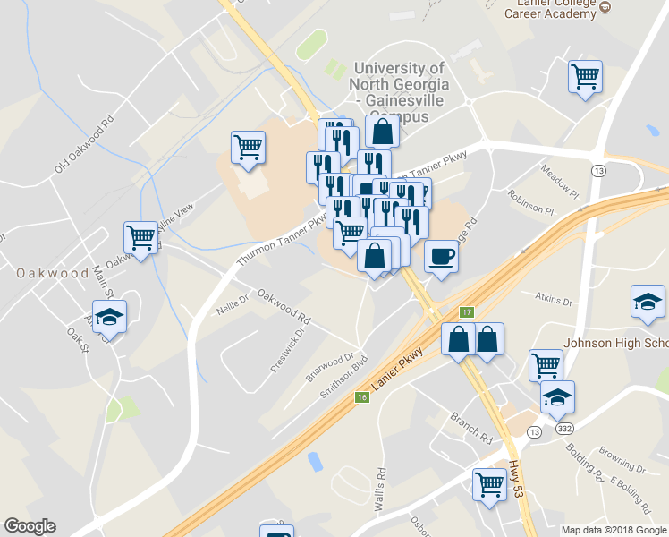map of restaurants, bars, coffee shops, grocery stores, and more near 907 Lanier Mill Circle in Oakwood
