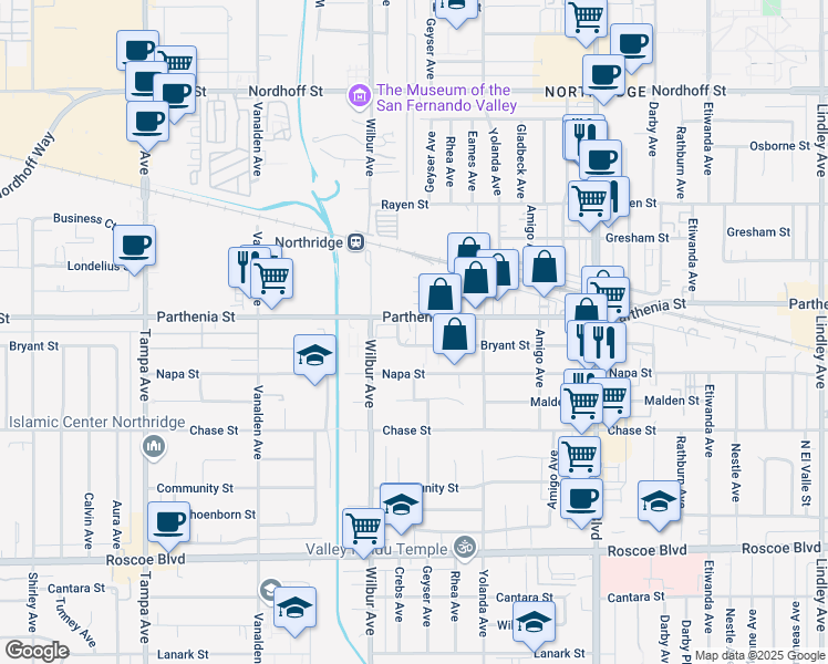 map of restaurants, bars, coffee shops, grocery stores, and more near 18817-18837 Parthenia St in Los Angeles