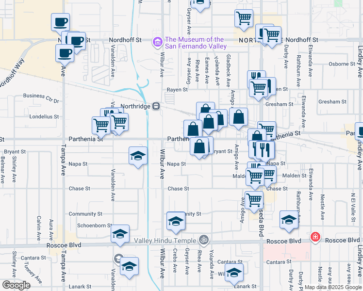 map of restaurants, bars, coffee shops, grocery stores, and more near 18812 Parthenia Street in Los Angeles