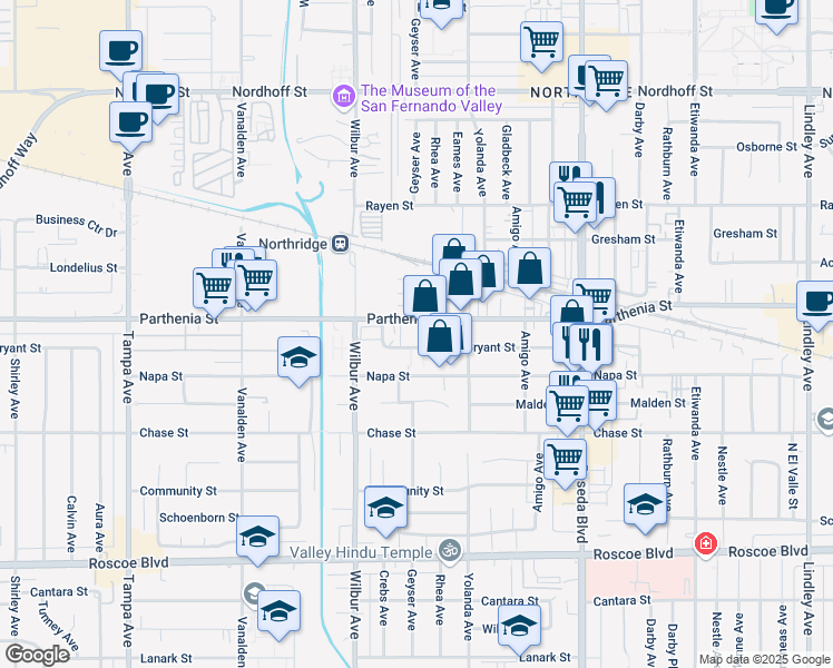 map of restaurants, bars, coffee shops, grocery stores, and more near 18717-18815 Parthenia Street in Los Angeles